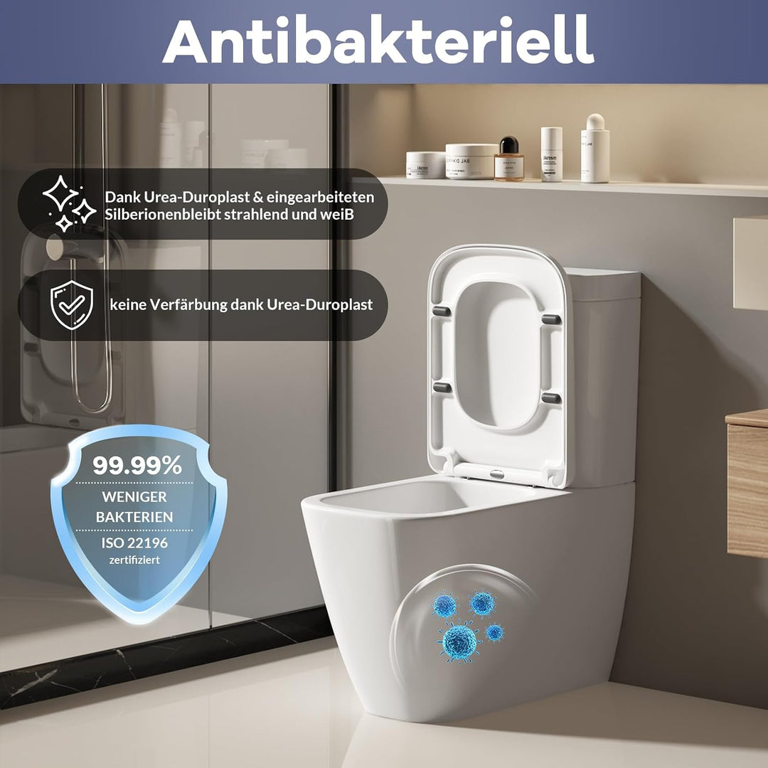 Toilettendeckel mit Absenkautomatik E-Form Weiss, Antibakterieller &amp; UV-beständig WC Sitz, Abnehmbar