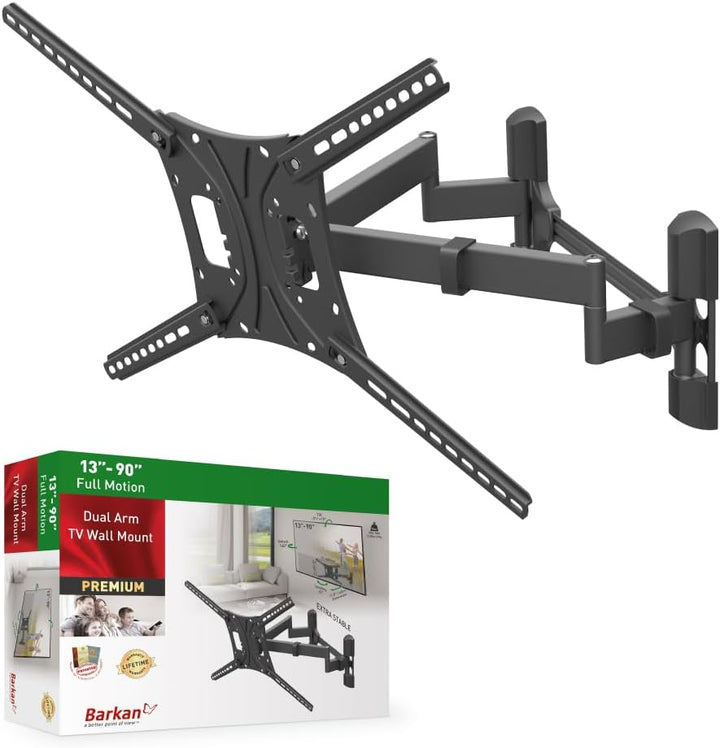 Barkan TV Wandhalterung, 13 - 90 Zoll Doppelarm, Schwenkbar / Vollbewegung flach & Curved Fernseher
