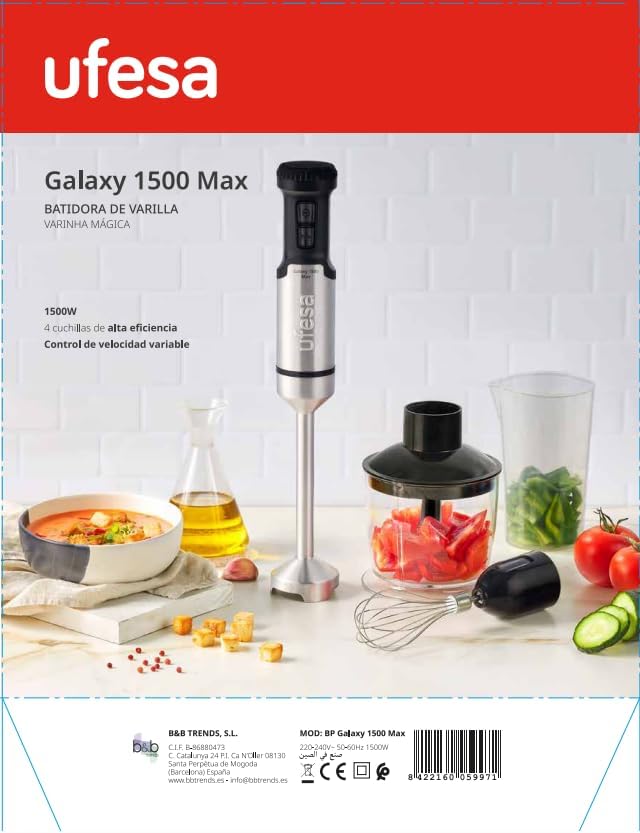 Ufesa Galaxy Max Stabmixer, Leistung 1500 W, 24 Geschwindigkeitsstufen + TURBO, 4 hocheffiziente Kli