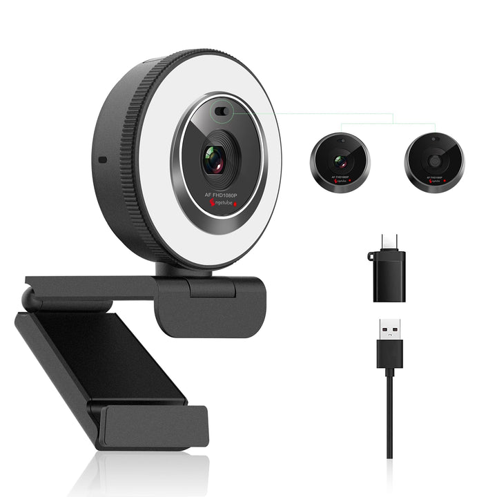 Angetube Webcam für PC, 1080P/30fps USB-Kamera mit Ringlicht, Privatschatten, Autofokus, Computer Ca