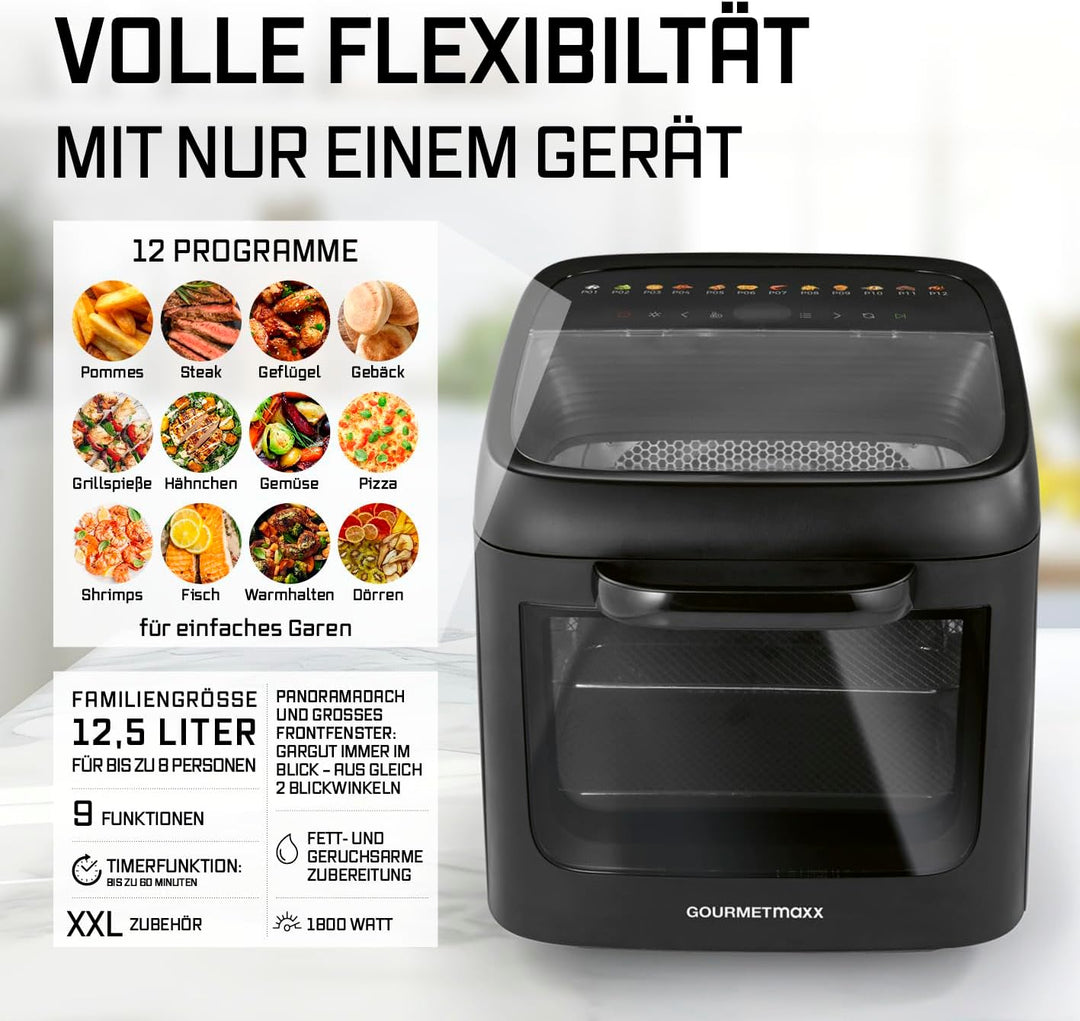 GOURMETmaxx Heissluftofen mit Panoramadach & Frontfenster 12,5 L | Heissluftfritteuse mit 9 Funktion