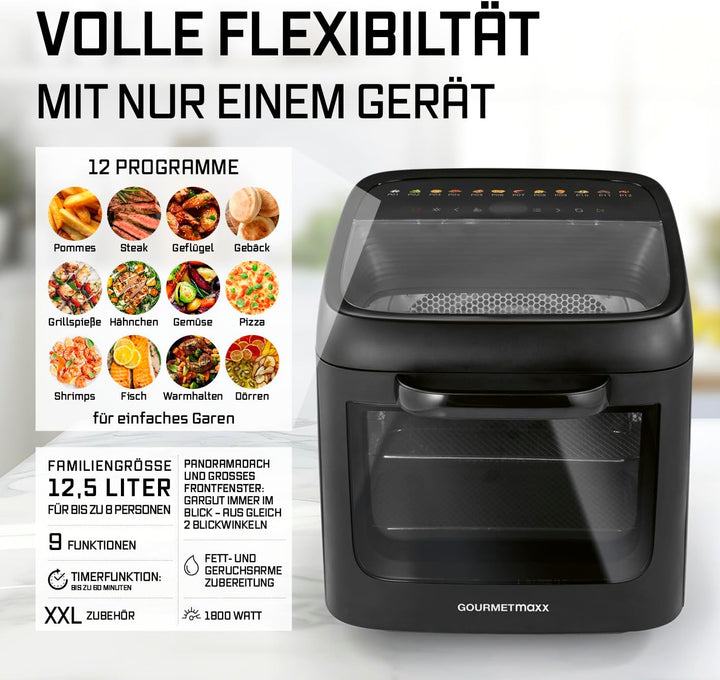 GOURMETmaxx Heissluftofen mit Panoramadach & Frontfenster 12,5 L | Heissluftfritteuse mit 9 Funktion