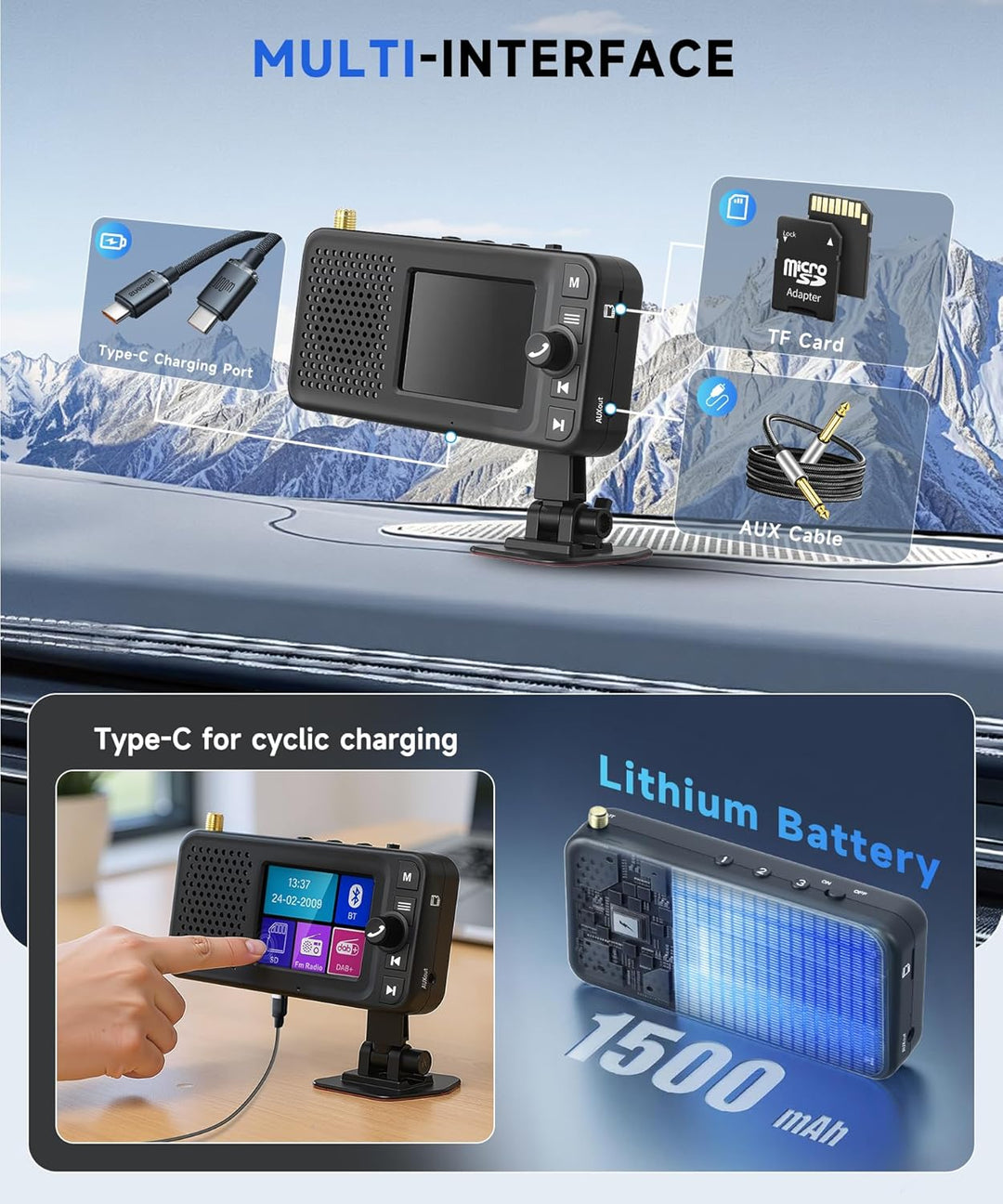 DAB+ Digitalradio mit Bluetooth und 1500mAh Wiederaufladbare Batterie, Tragbares Digitalradio mit 2,