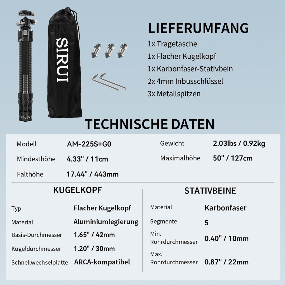 SIRUI Carbon Fiber Reise-Stativ AM-225S+G0 127 cm, Ultrakompakt 43 cm, Leicht 1,2 kg mit Flachkugelk