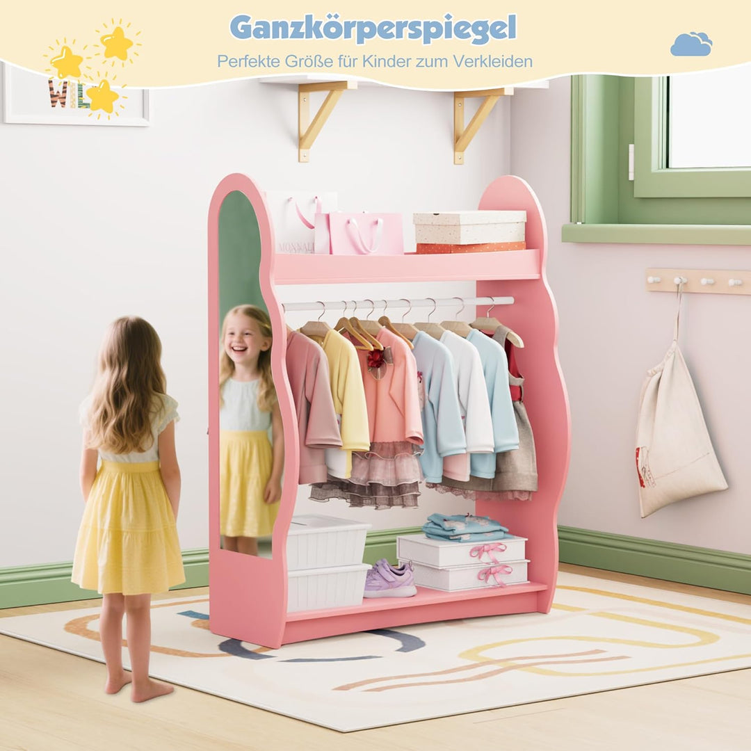 Kleiderständer Kinder Garderobenständer mit Ablagen, Spiegel und Haken Kleiderstange Garderobe aus H
