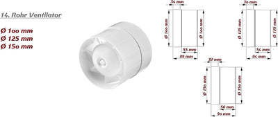 MKK Kanal Rohrventilator Ø 125 mm Kugellager Rohreinschub Ab-Zuluft Lüfter Rohr Ventilator leise Roh