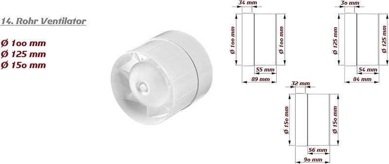 MKK Kanal Rohrventilator Ø 125 mm Kugellager Rohreinschub Ab-Zuluft Lüfter Rohr Ventilator leise Roh