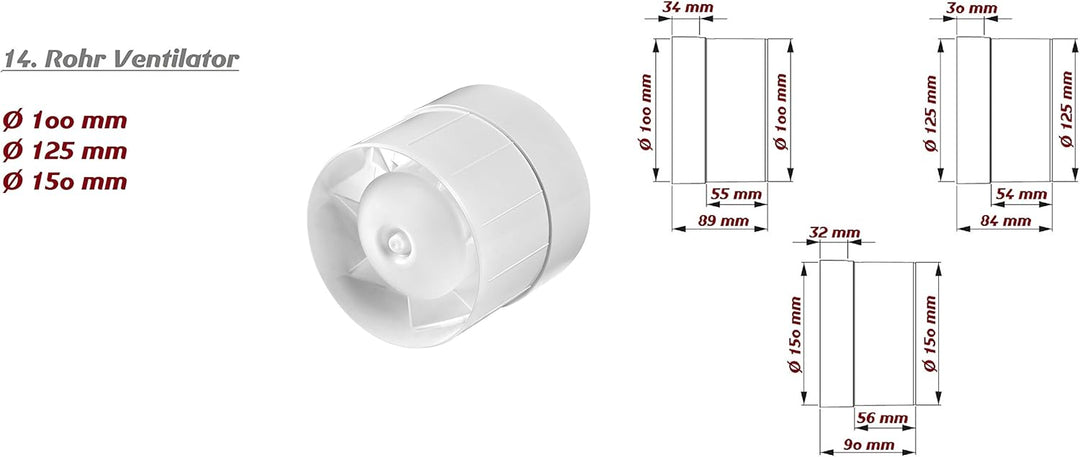 MKK Kanal Rohrventilator Ø 100 mm Kugellager Rohreinschub Ab-Zuluft Lüfter Rohr Ventilator leise Roh