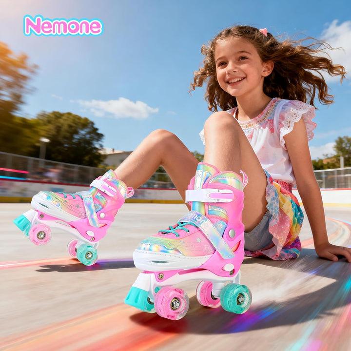 NEMONE Rollschuhe für Mädchen Kinder 4 Grössen Verstellbar Blau Violett Rollschuhe für Kinder Drinne