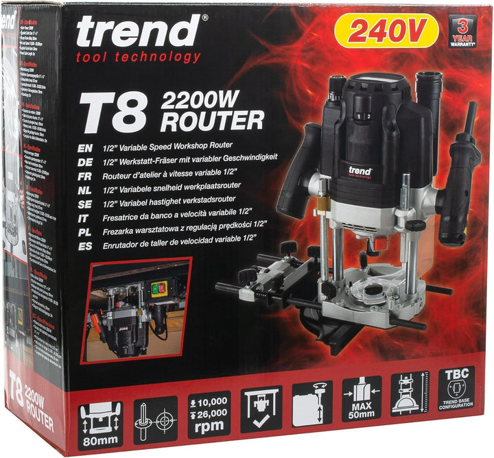 Trend T8 12mm Dual-Mode Oberfräse für die Werkstatt, Entwickelt für den Einsatz per Hand und am Fräs