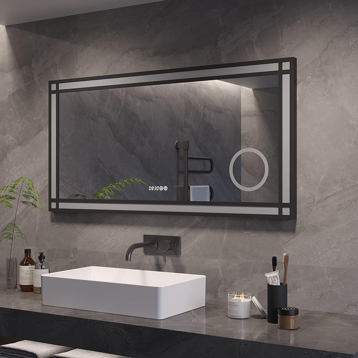 AQUABATOS Badspiegel mit Beleuchtung und Uhr Schwarzer Rahmen Fensteroptik 120x60cm, Badezimmerspieg