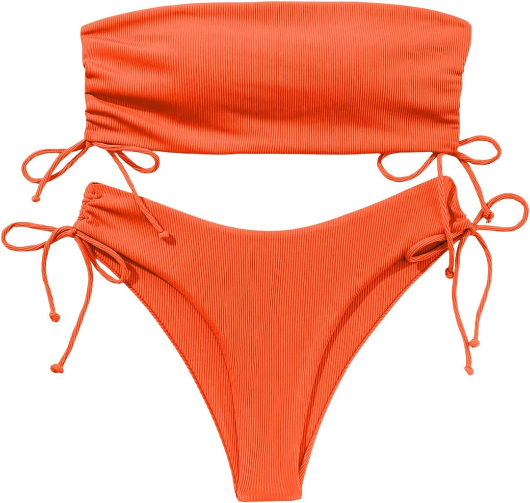 GORGLITTER Bandeau Bikini Damen Set Bikini High Waist Trägerlos Bikini Mit Kordelzug Bikini Set Einf