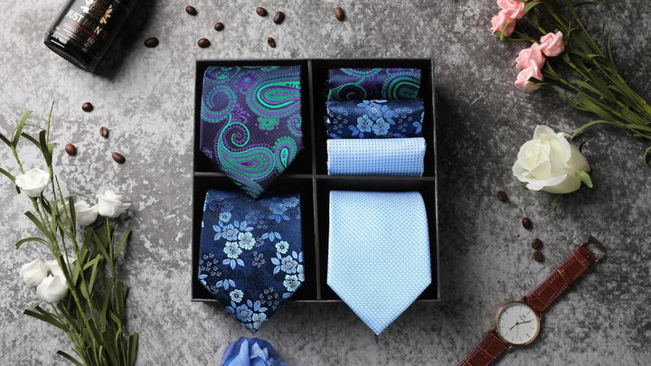 HISDERN Los 3 Stck Herren Krawatte Klassisch Elegante Krawatten und Einstecktuch Seidenkrawatte Set