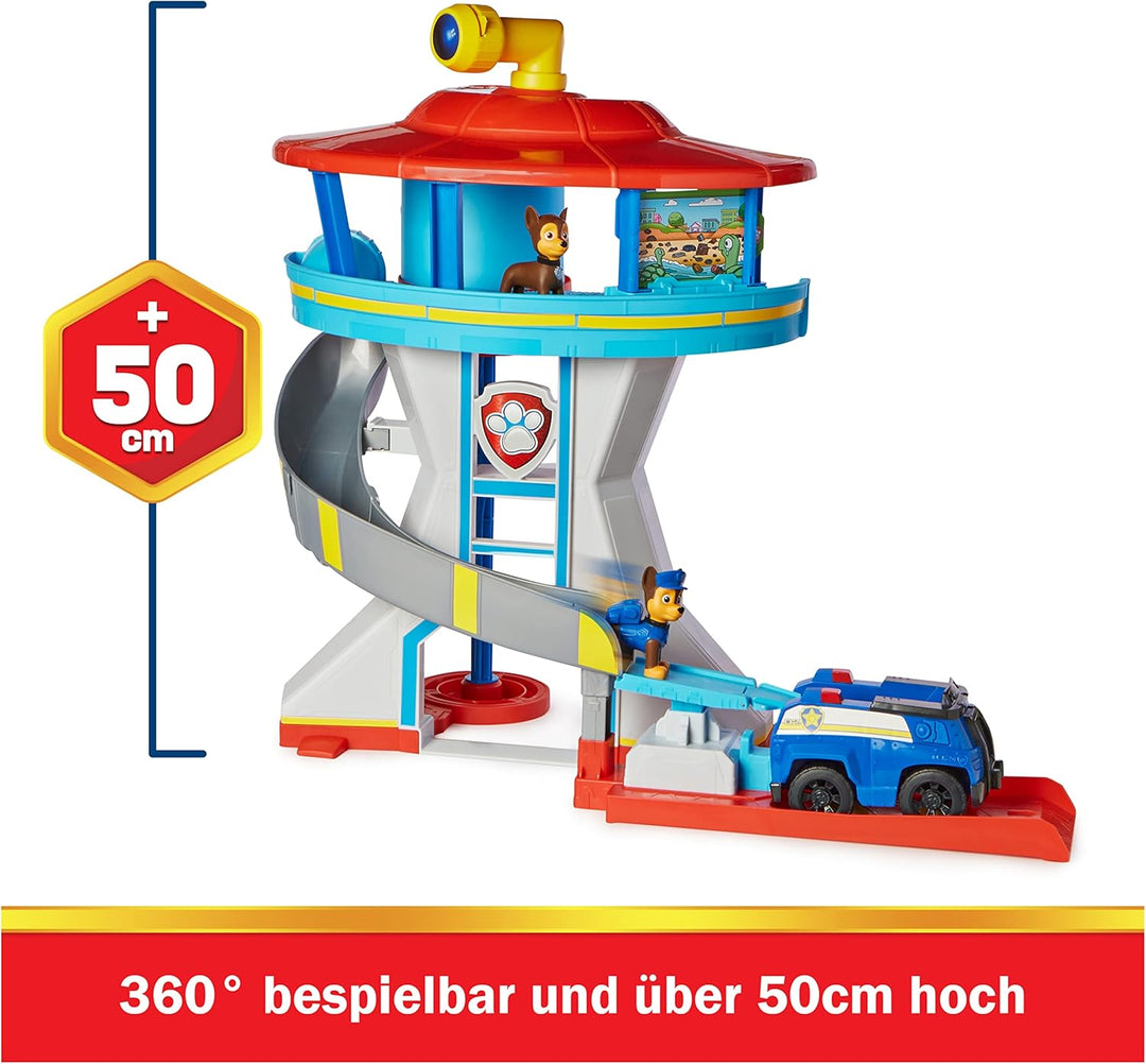 PAW Patrol, Lookout Tower, Hauptquartier Spielset mit 1 Chase Basis Fahrzeug, 2 Chase Figuren und Zu