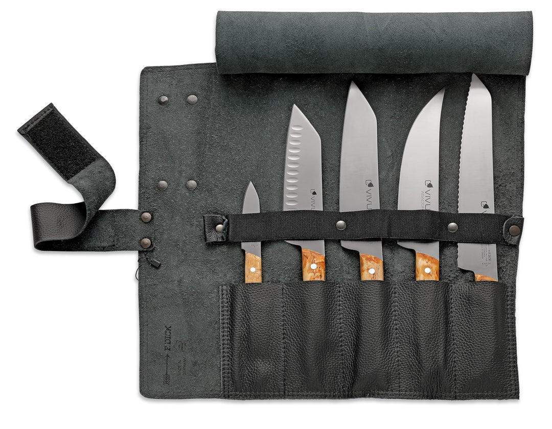 F. DICK Leder-Rolltasche „VIVUM“ (5-teilig, kleinen Officemesser, Santoku mit Kullenschliff, klassis