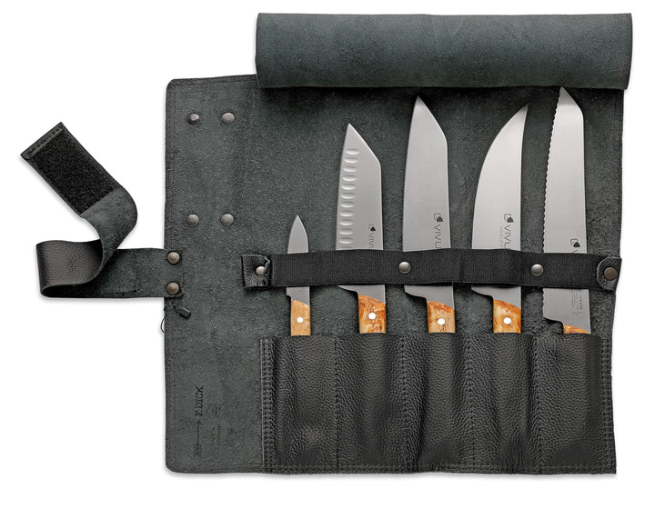F. DICK Leder-Rolltasche „VIVUM“ (5-teilig, kleinen Officemesser, Santoku mit Kullenschliff, klassis