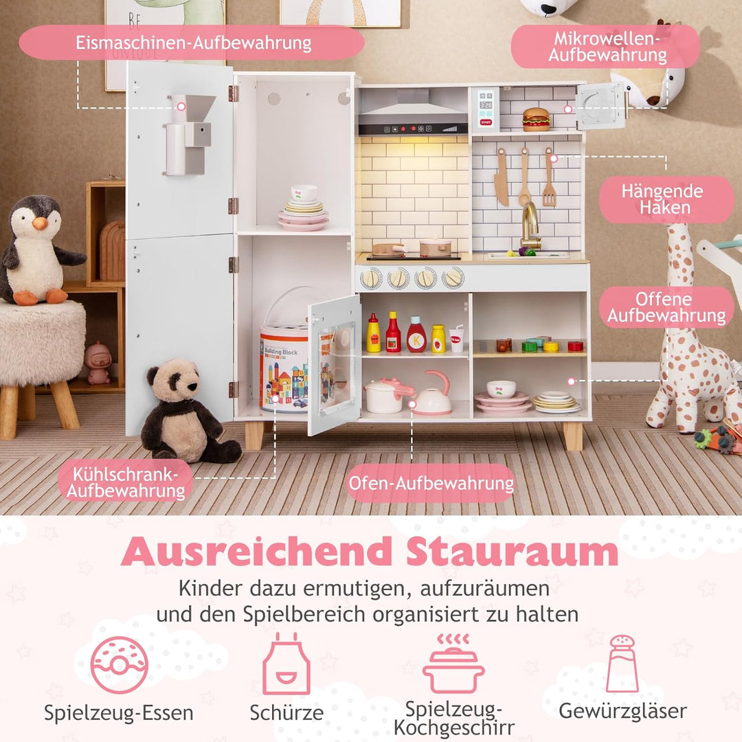 DREAMADE Kinderküche Holz mit 10 TLG. Zubehör, Holzküche Kinder Küche mit Herd Dunstabzugshaube Eism