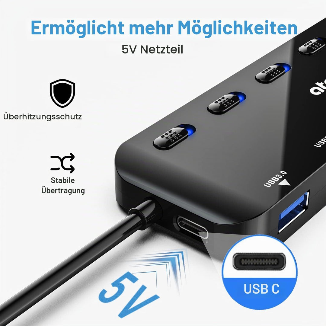 USB HUB, atolla USB Verteiler mit 7 USB3.0 Ports, Mehrfach USB 3.0 Daten Hub mit 100cm Erweitert Kab