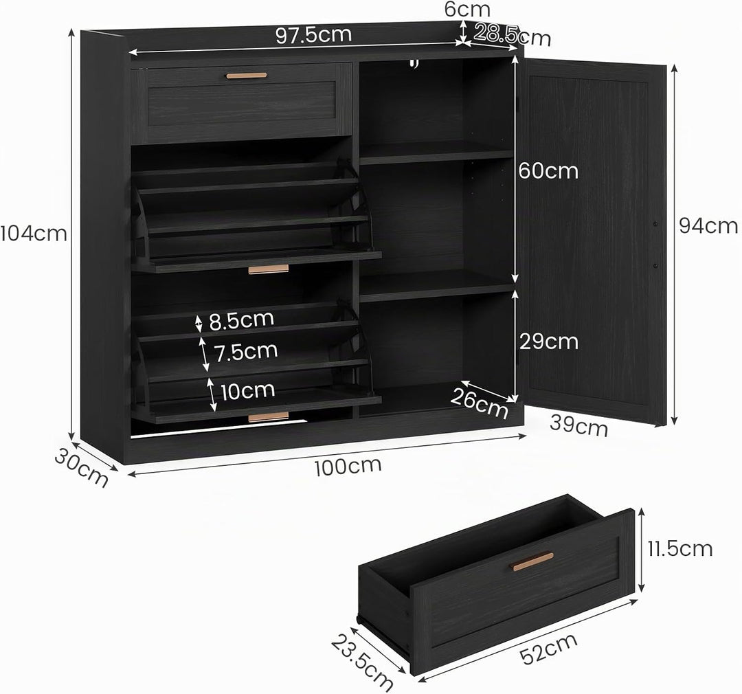 Schuhschrank mit 2 Klappen, Schuhkipper Schmal, Schuhschrank mit 1 Schublade, Schrank, Trennwand Ver