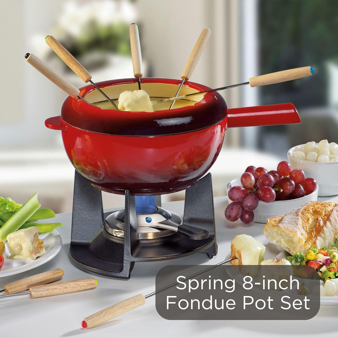 Spring Gusseisen Fondue Set rot | Ø 20 cm | mit 8 Fonduegabeln und Spritzschutz | für Käsefondue, Fl