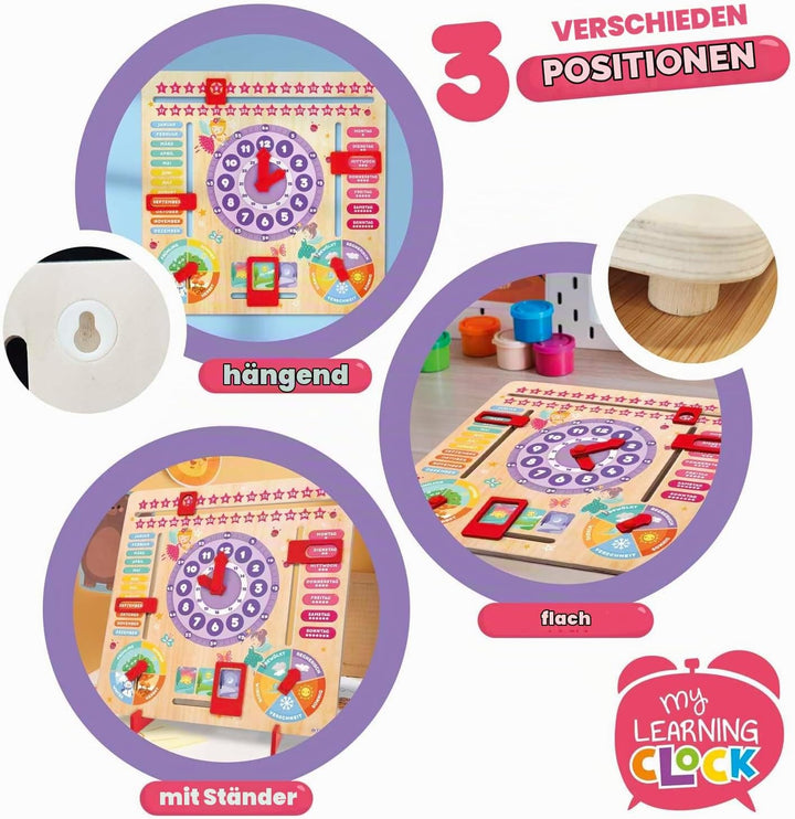 CRAZE My Learning Clock Princess ENGLISCHE SPRACHE - Lernuhr Kinder Holz, Kalenderuhr zum Lernen für