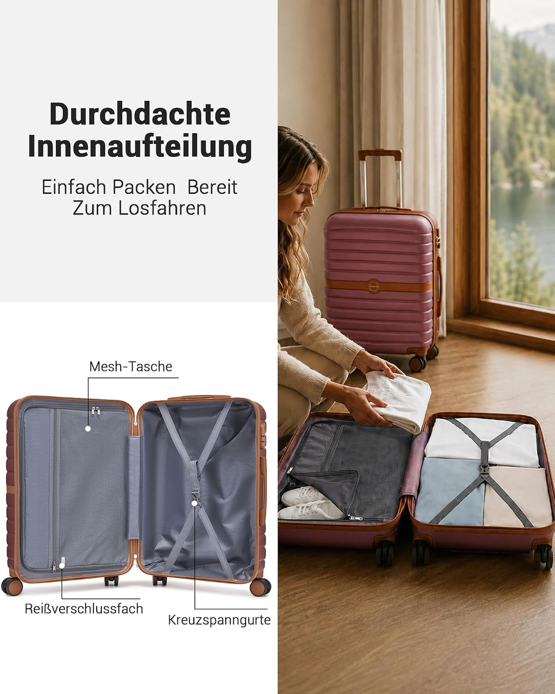 KONO Koffer Reisekoffer Trolley Koffer mittelgross von ABS+PC Hartschalenkoffer mit Zwillingsrollen