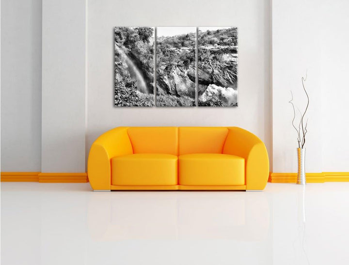 Pixxprint Monocrome, Regenbogen über Wasserfall 3-Teiler Leinwandbild 120x80 Bild auf Leinwand