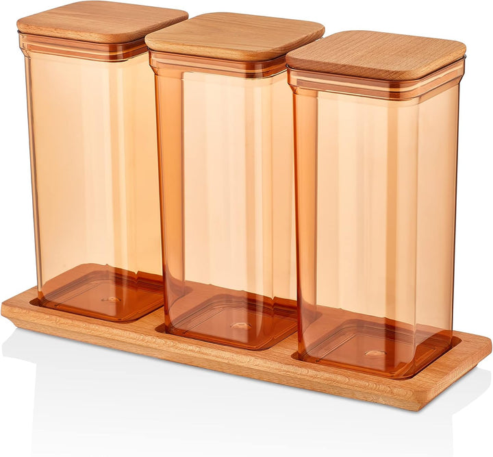 3x Spaghettidose Kunststoff, Vorratsdosen mit Bambusdeckel Braun - Bernstein, Müslibehälter Set 1,5