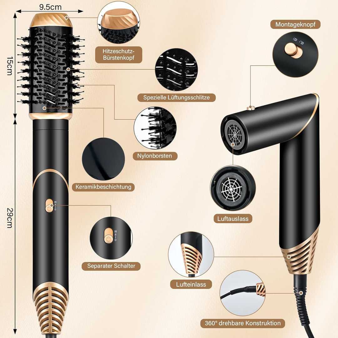 6 in 1 Airstyler Set, Föhnbürste, Faltbare lonen Föhn, Warmluftbürste, Automatischer Lockenstab, Glä