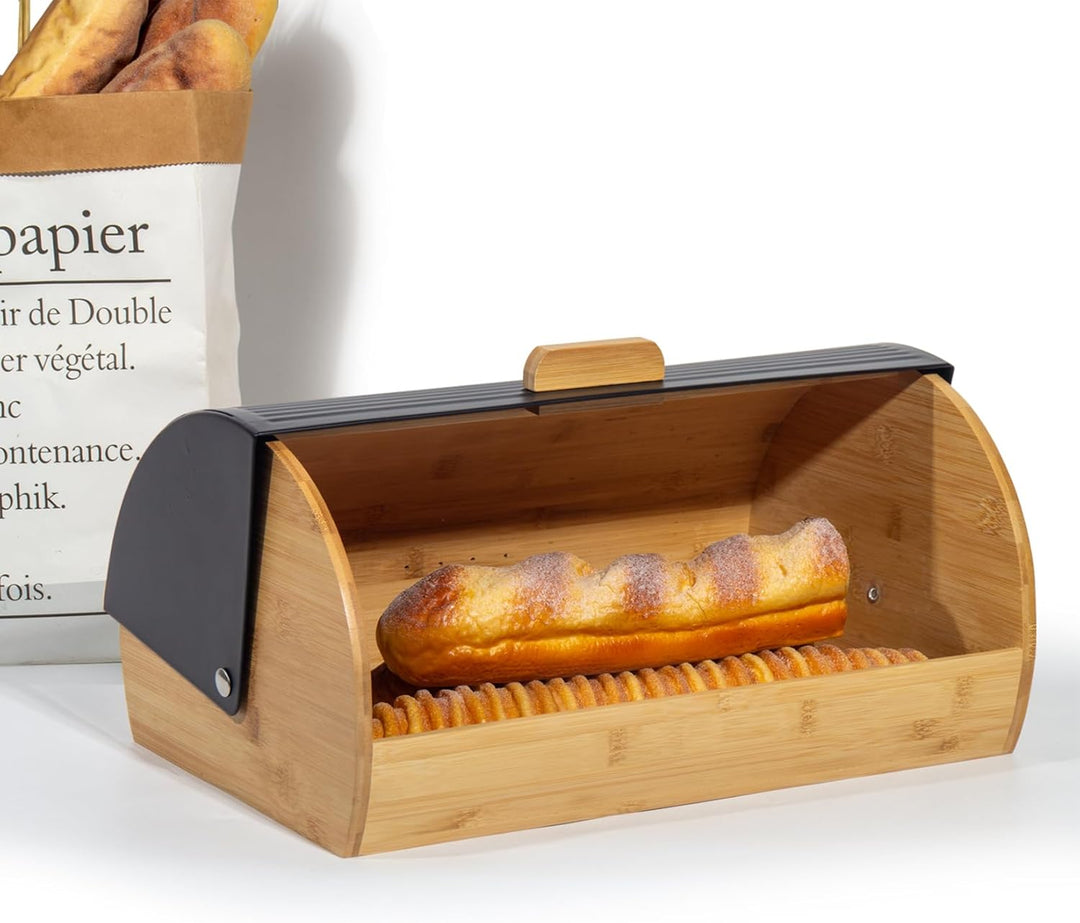Brotkasten Metall Holz, Brotbox Schwarz, Brot Aufbewahrungsbox gross, Brotkorb mit Deckel, Bread Box