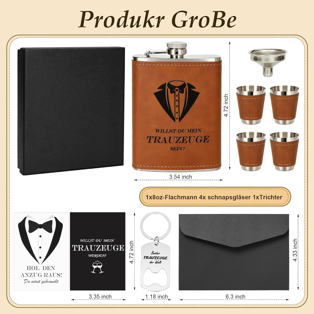 Flachmann mit Gravur 8oz Edelstahl Geschenkset für Trauzeuge und Trauzeugin, Schwarze Geschenkbox mi