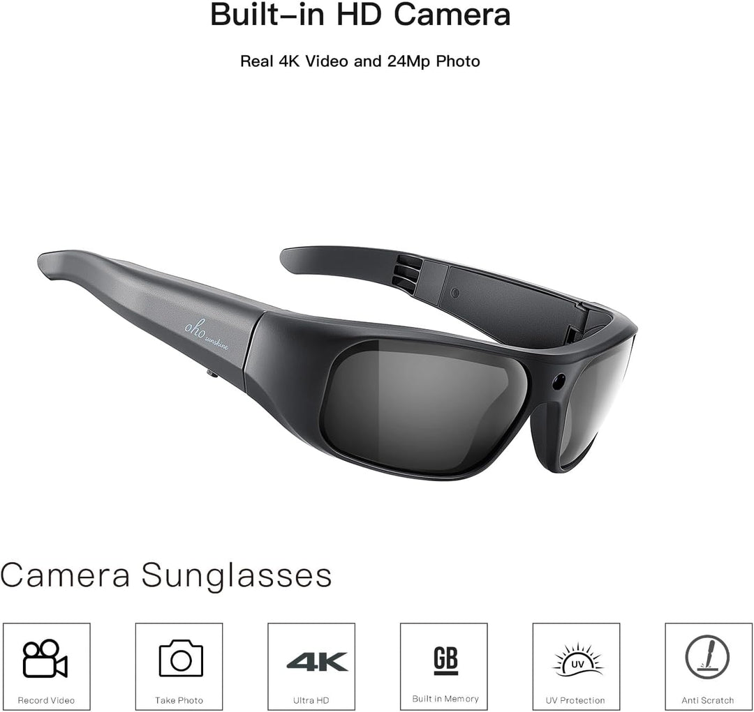 OhO Video Glasses 4K Pro, 24M Resolution H.265 Sports Cam Sunglasses with Built-in 32GB Memory for O