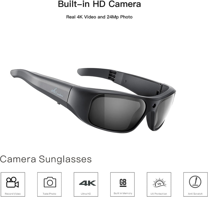 OhO Video Glasses 4K Pro, 24M Resolution H.265 Sports Cam Sunglasses with Built-in 32GB Memory for O