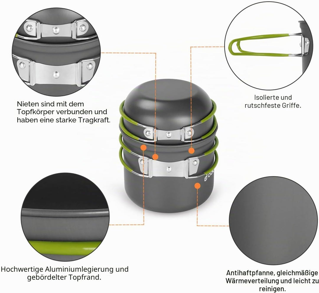 Odoland Camping Geschirr Set 16 PCS für 2 Personen Outdoor Kochgeschirr aus Aluminium und Edelstahl