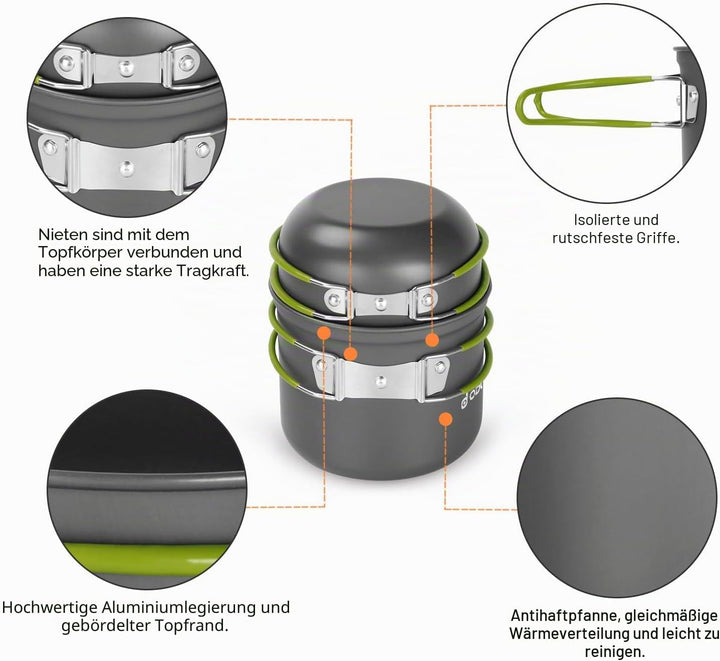 Odoland Camping Geschirr Set 16 PCS für 2 Personen Outdoor Kochgeschirr aus Aluminium und Edelstahl