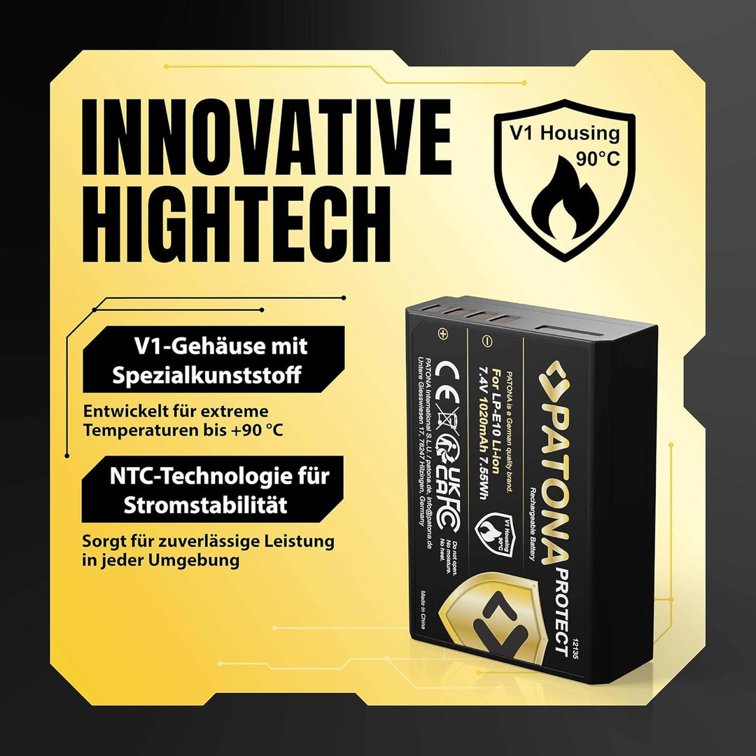 PATONA Protect V1 (2X) Ersatz für Akku Canon LP-E10 (echte 1020mAh) mit NTC-Sensor und V1 Gehäuse ko