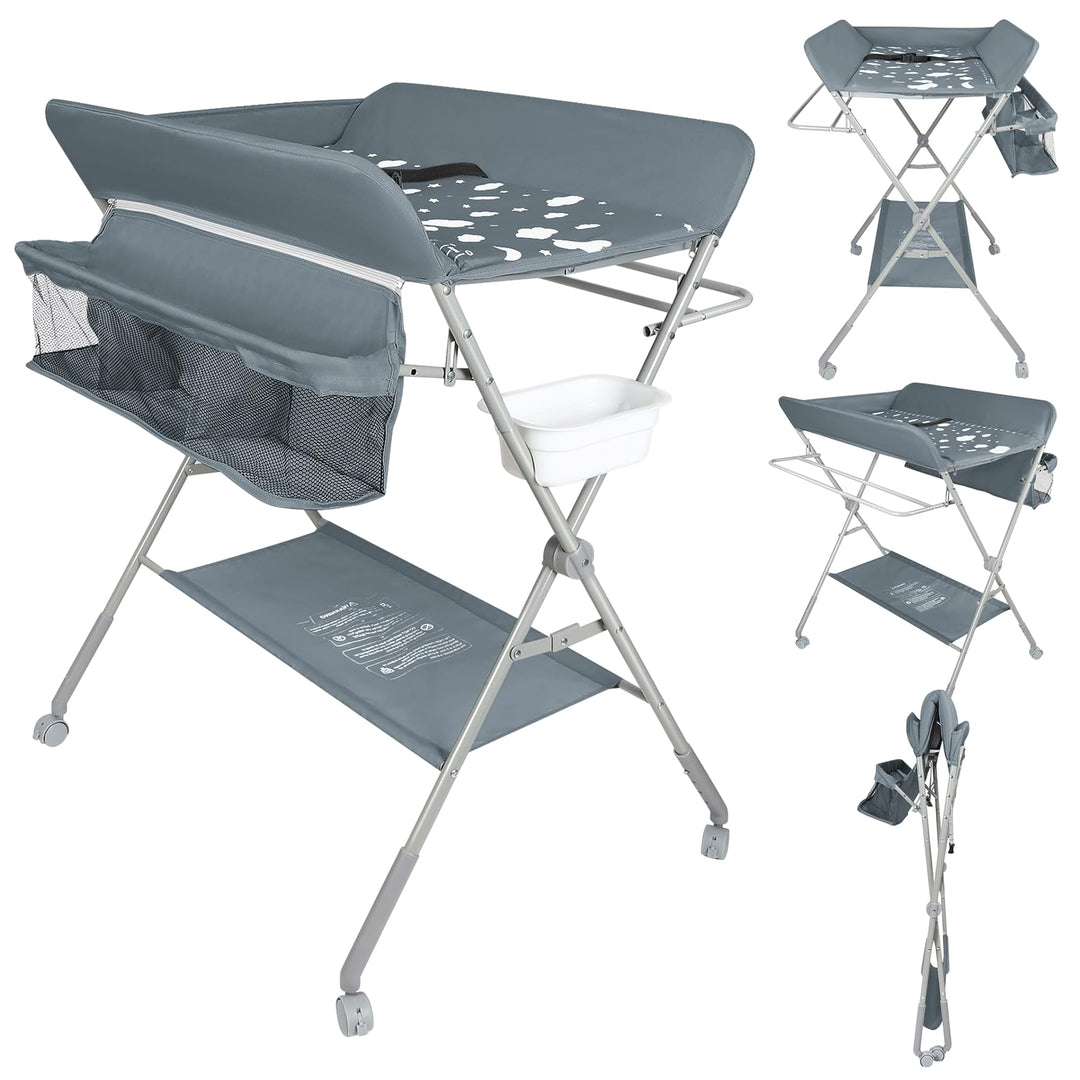 OHMG Baby Wickelkombi Klappbare Wickelkommode,Wickeltisch mit Rollen,Mobiler Wickeltisch mit Wickela