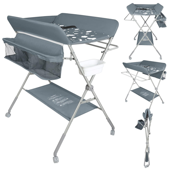 OHMG Baby Wickelkombi Klappbare Wickelkommode,Wickeltisch mit Rollen,Mobiler Wickeltisch mit Wickela