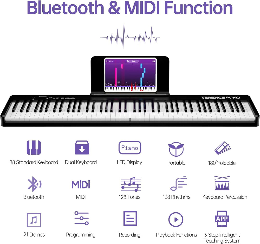 TERENCE Piano mit 88 Tasten Faltbares Klaviertastatur mit 1800mAh Batterie unterstützung MIDI USB-Sc