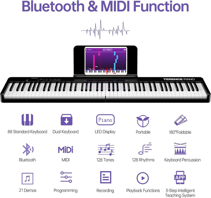 TERENCE Piano mit 88 Tasten Faltbares Klaviertastatur mit 1800mAh Batterie unterstützung MIDI USB-Sc