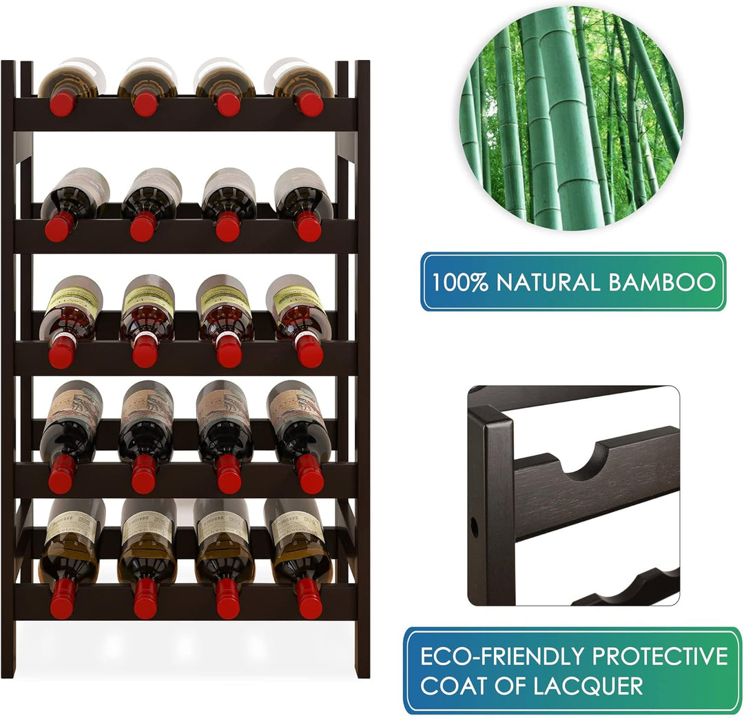 SMIBUY Bambus-Weinregal, 20 Flaschen-Display-Halter, 5-stöckige freistehende Lagerregale für Küche,