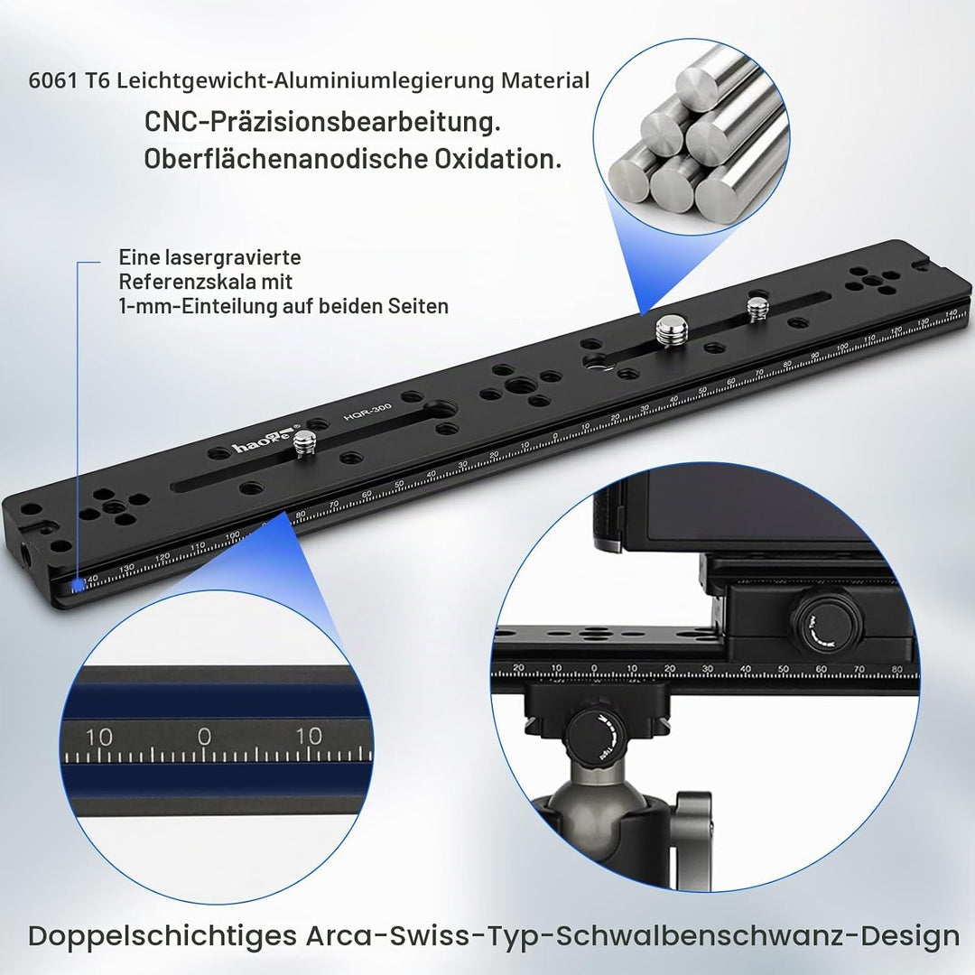 Haoge HQR-300 300 mm Mehrzweck-Schnellwechselplatte für Kamerastativ, Kugelkopf, Klemme für Arca Swi