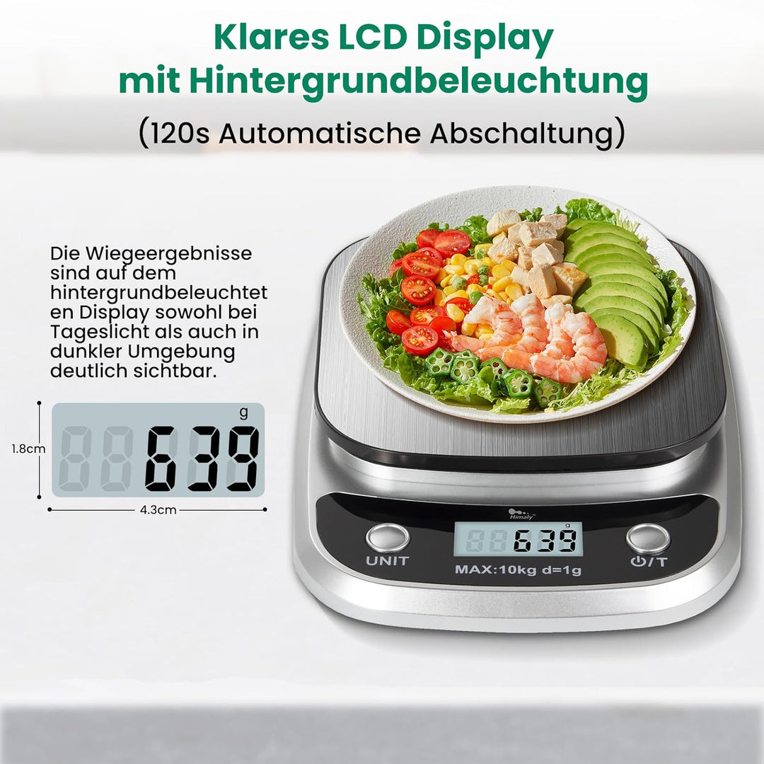 himaly Küchenwaage Digital 10KG aus Edelstahl Professionelle Waage, Tara-Funktion, aus Edelstahl mit