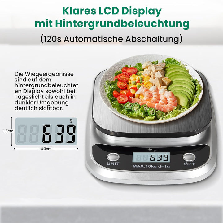 himaly Küchenwaage Digital 10KG aus Edelstahl Professionelle Waage, Tara-Funktion, aus Edelstahl mit