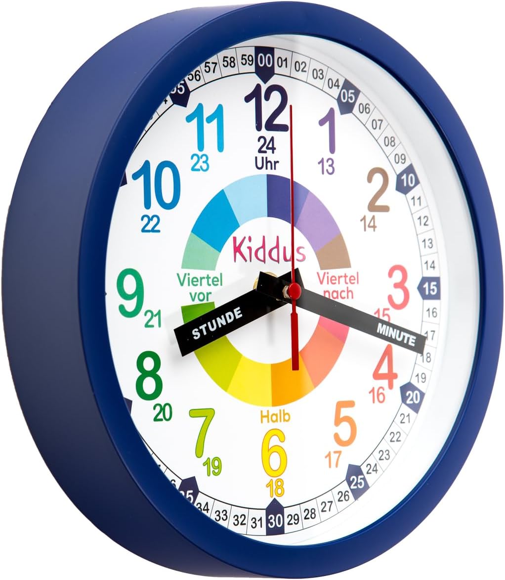 Kiddus Kinder Wanduhr, Jungen und Mädchen, Analoger Lernuhr mit Zeitlernübungen, Kinderwanduhr Ohne