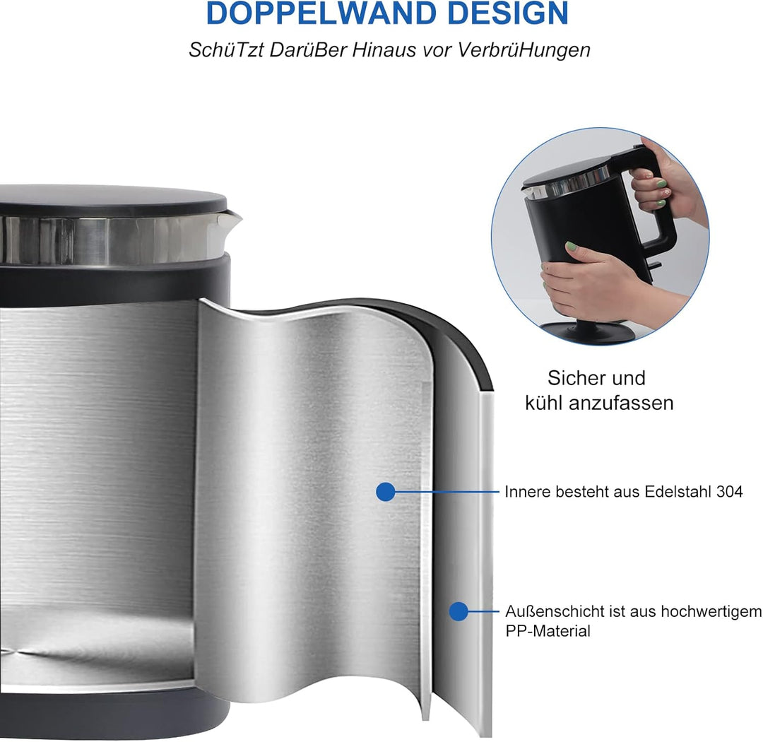 FENGJIE Elektrischer Wasserkocher, 1,0L Edelstahl Teekessel, 1360W BPA Frei Mit Strix Thermostat, Bo
