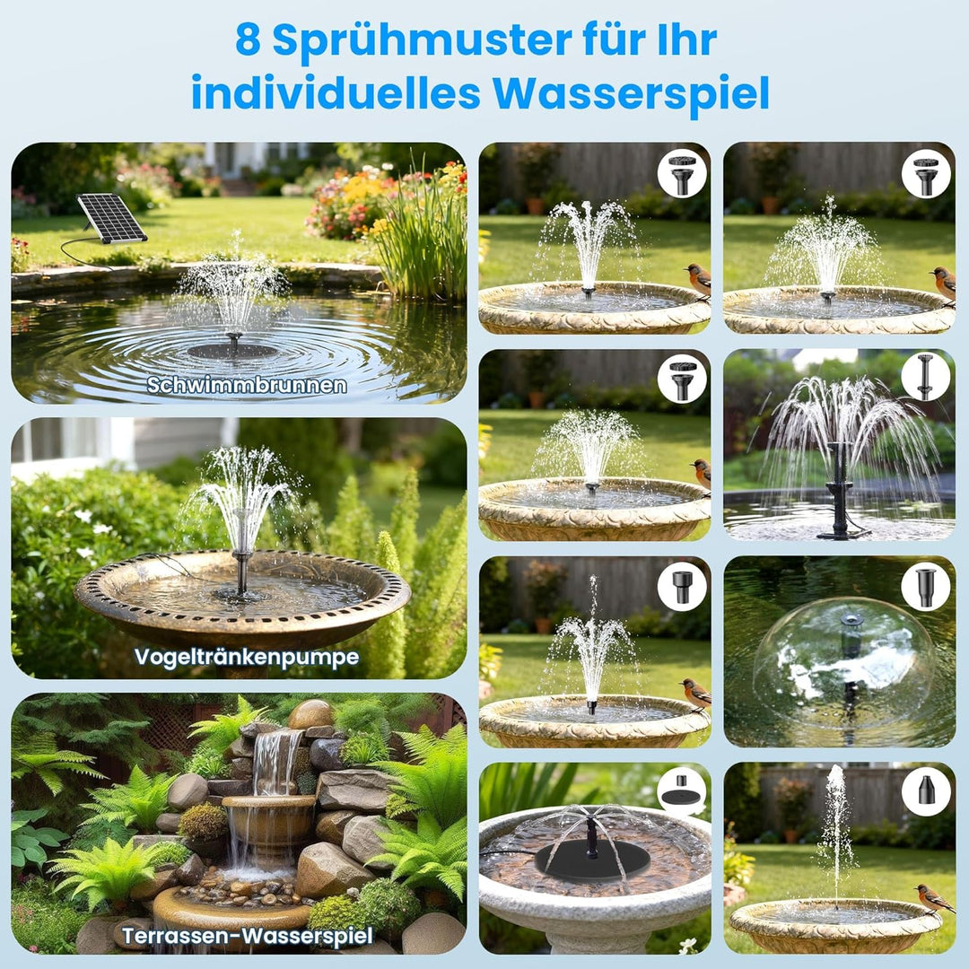 Biling 12W Solar Springbrunnen für aussen mit 5000 mAh Akku, Leise 300 l/h Teichpumpe Solar mit 8 Dü