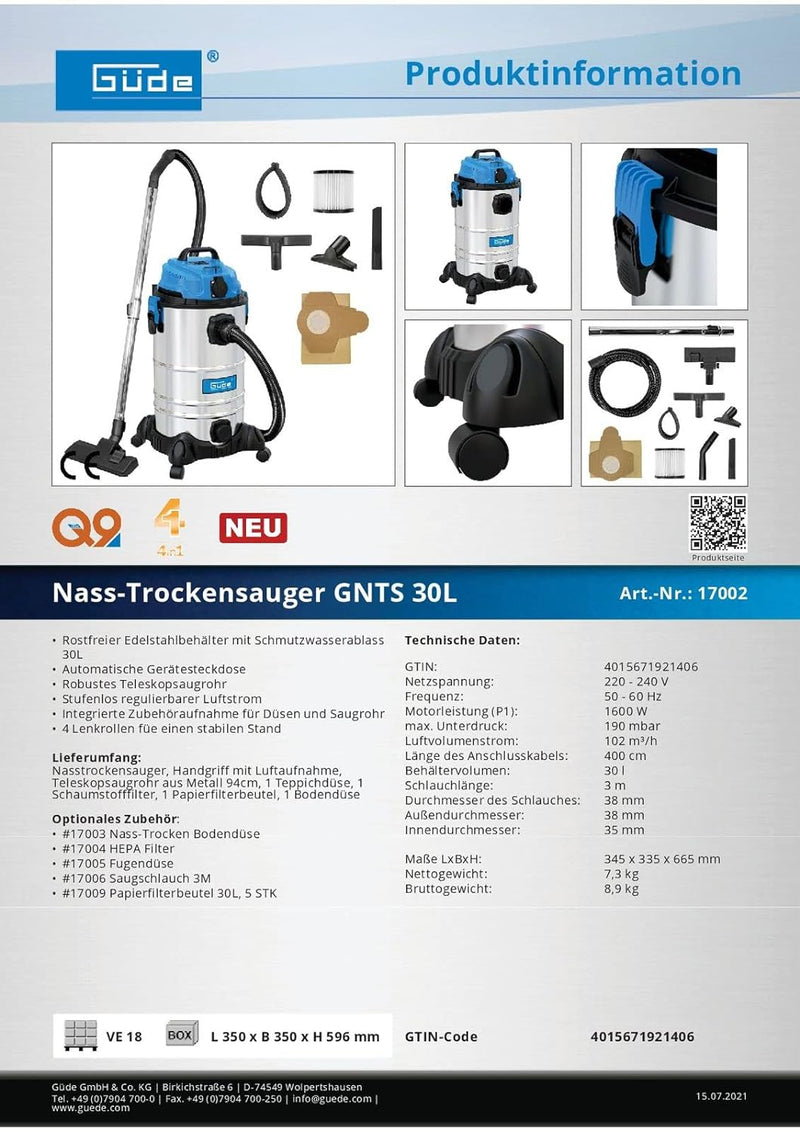 Güde 30 L 17002, NASS-TROCKENSAUGER GNTS 30L, Blau, Silber, schwarz, 1600 W, 85 Dezibel 1600W / 30L,