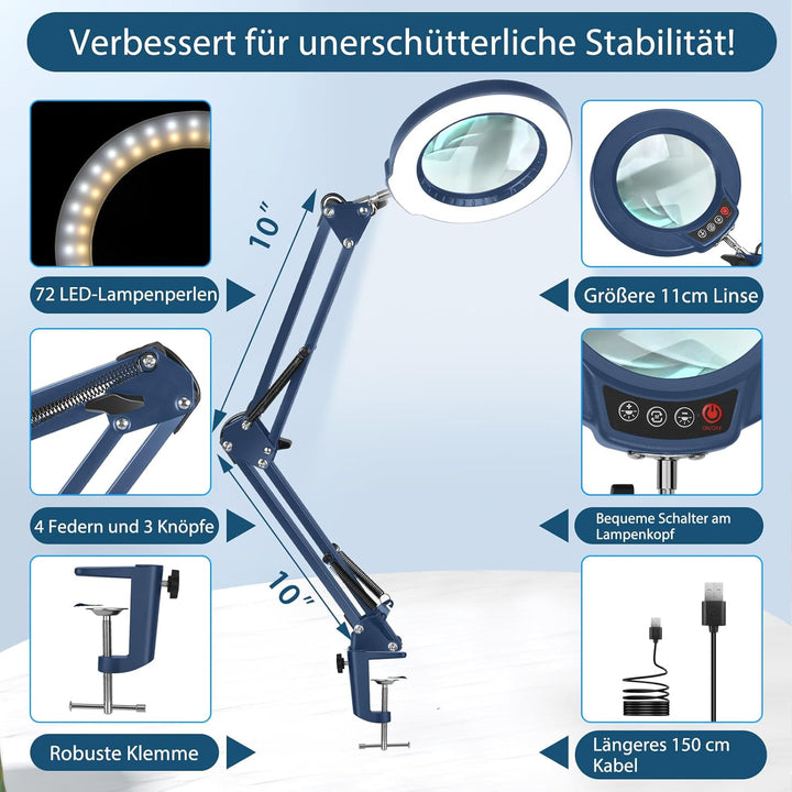 10X Lupe mit Licht und Klemme, LED Lupenlampe mit Glaslinse, 5 Farbmodi Stufenlosem Dimmen, Lupe mit