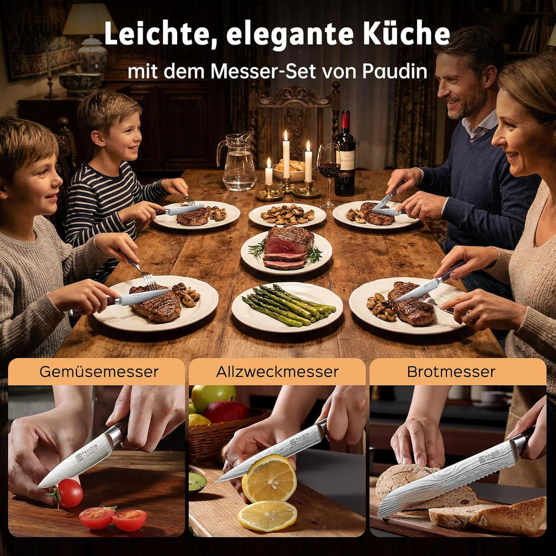 Paudin Messerblock Set mit 9-TLG, Scharfes Hochwertiges Küchenmesser Set aus Edelstahl, Messerblock